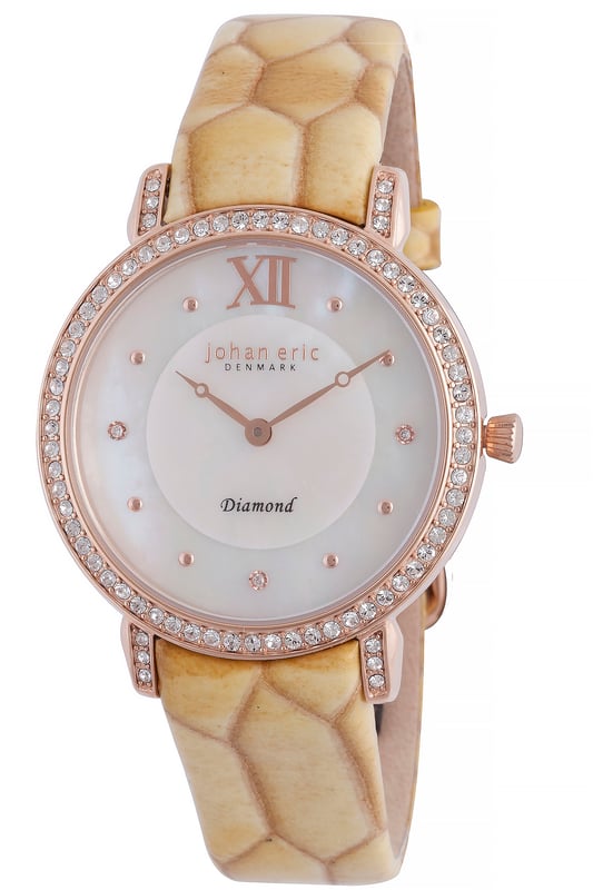 Rose gold-tone stainless steel case with a yellow leather strap. Fixed rose gold-tone stainless steel bezel. with rose gold-tone hands and index hour markers. Dial Type: Analog. Quartz movement. Scratch resistant mineral crystal. Push/pull crown. Solid case back. Round case shape, case size: 35 mm, case thickness: 6.5 mm. Band width: 16 mm, band length: 7.5 in. Buckle clasp. Water resistant at 30 meter / 99 feet. Functions: hour, minute. Casual watch style. Johan Eric Ribe Ladies Watch JE7000-09-009.09.