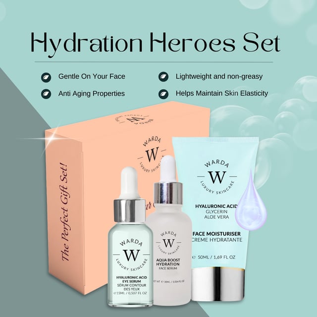 Skin Hydration Boost Hyaluronic Acid Moisturiser (50ml)
Description:
This lightweight moisturiser is infused with hyaluronic acid, a powerful humectant that attracts and retains moisture in the skin. Formulated to provide intense hydration, it helps to plump and smooth the skin's texture while delivering essential nutrients for a radiant complexion.

Benefits:

Deep Hydration: Delivers long-lasting moisture to keep skin hydrated throughout the day.
Improves Elasticity: Helps to improve skin elasticity, reducing the appearance of fine lines and wrinkles.
Non-Greasy Formula: Absorbs quickly without leaving a greasy residue, making it suitable for all skin types.
Soothes Skin: Contains soothing ingredients that calm irritation and redness.
Skin Hydration Boost Hyaluronic Acid Eye Serum (15ml)
Description:
This targeted eye serum is designed to hydrate and rejuvenate the delicate skin around the eyes. Enriched with hyaluronic acid and other nourishing ingredients, it helps to reduce puffiness and dark circles while providing a refreshing boost of moisture.

Benefits:

Reduces Puffiness: Helps to diminish the appearance of under-eye bags and puffiness.
Brightens Dark Circles: Formulated to lighten dark circles for a more awake and youthful look.
Hydrating Formula: Provides intense hydration to prevent dryness and fine lines.
Gentle on Skin: Specifically designed for the sensitive skin around the eyes.
Aqua Boost Hydration Face Serum (30ml)
Description:
This ultra-hydrating face serum is packed with moisture-boosting ingredients, including hyaluronic acid, to deliver an instant surge of hydration. It penetrates deeply into the skin, leaving it plump, refreshed, and revitalized.

Benefits:

Instant Hydration: Provides a quick boost of moisture for dry and dehydrated skin.
Enhances Radiance: Promotes a healthy, glowing complexion by improving skin texture.
Lightweight and Fast-Absorbing: Quickly absorbs into the skin without any heaviness.
Prepares Skin for Moisturiser: Creates a perfect base for subsequent skincare products, enhancing their effectiveness.