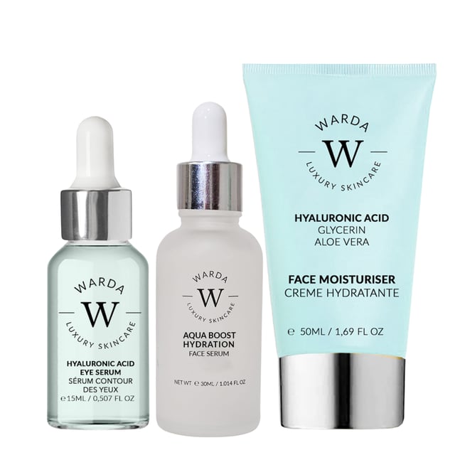 Skin Hydration Boost Hyaluronic Acid Moisturiser (50ml)
Description:
This lightweight moisturiser is infused with hyaluronic acid, a powerful humectant that attracts and retains moisture in the skin. Formulated to provide intense hydration, it helps to plump and smooth the skin's texture while delivering essential nutrients for a radiant complexion.

Benefits:

Deep Hydration: Delivers long-lasting moisture to keep skin hydrated throughout the day.
Improves Elasticity: Helps to improve skin elasticity, reducing the appearance of fine lines and wrinkles.
Non-Greasy Formula: Absorbs quickly without leaving a greasy residue, making it suitable for all skin types.
Soothes Skin: Contains soothing ingredients that calm irritation and redness.
Skin Hydration Boost Hyaluronic Acid Eye Serum (15ml)
Description:
This targeted eye serum is designed to hydrate and rejuvenate the delicate skin around the eyes. Enriched with hyaluronic acid and other nourishing ingredients, it helps to reduce puffiness and dark circles while providing a refreshing boost of moisture.

Benefits:

Reduces Puffiness: Helps to diminish the appearance of under-eye bags and puffiness.
Brightens Dark Circles: Formulated to lighten dark circles for a more awake and youthful look.
Hydrating Formula: Provides intense hydration to prevent dryness and fine lines.
Gentle on Skin: Specifically designed for the sensitive skin around the eyes.
Aqua Boost Hydration Face Serum (30ml)
Description:
This ultra-hydrating face serum is packed with moisture-boosting ingredients, including hyaluronic acid, to deliver an instant surge of hydration. It penetrates deeply into the skin, leaving it plump, refreshed, and revitalized.

Benefits:

Instant Hydration: Provides a quick boost of moisture for dry and dehydrated skin.
Enhances Radiance: Promotes a healthy, glowing complexion by improving skin texture.
Lightweight and Fast-Absorbing: Quickly absorbs into the skin without any heaviness.
Prepares Skin for Moisturiser: Creates a perfect base for subsequent skincare products, enhancing their effectiveness.
