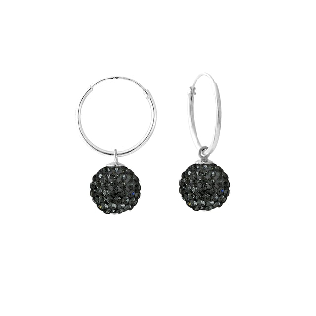 Earrings Black Night Hanging Mobiles - 2 Balls set with Genuine Black Crystal - Diameter 10 mm - Hoops System- 925 Sterling Silver - Our jewellery is made in France and will be delivered in a gift box accompanied by a Certificate of Authenticity and International Warranty