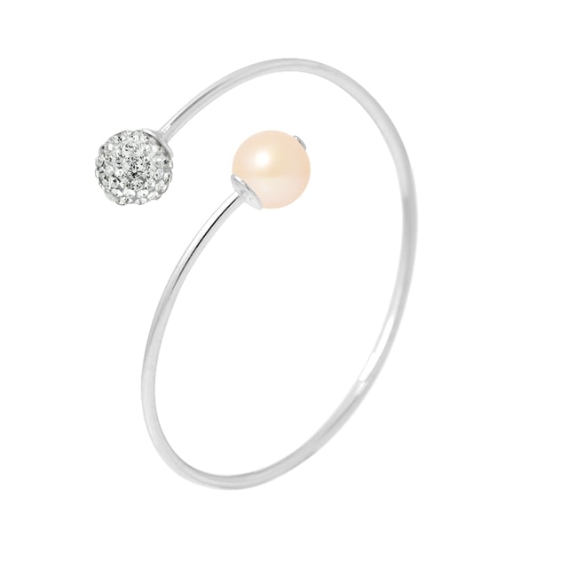 Bracelet You & Me - Freshwater Pearl Round 10-11 mm - Pink Color- White Crystal Ball 10 mm - 925 Sterling Silver - Adaptable for Wrist 5,5 to 8in,14 to 20 cm in diameter - Our jewellery is made in France and will be delivered in a gift box accompanied by a Certificate of Authenticity and International Warranty