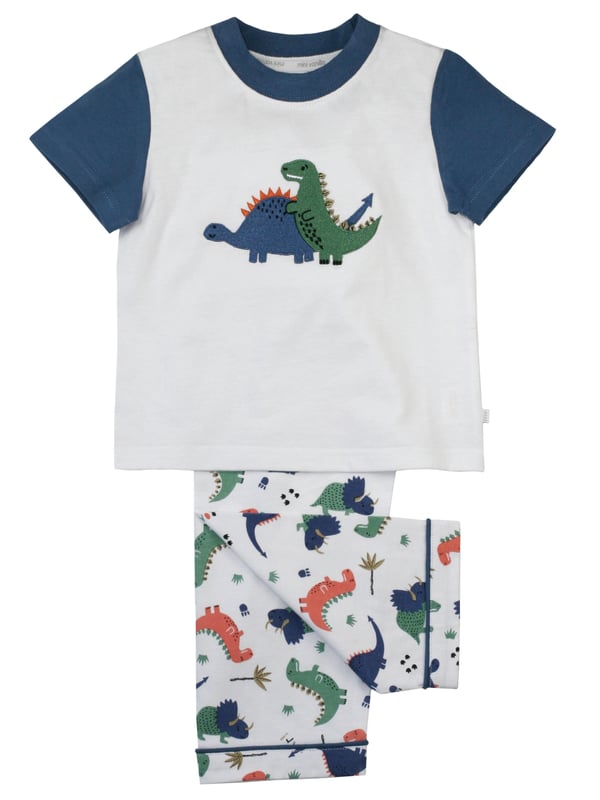 Get them ready for sweet slumbers with this jersey Dino pyjamas set! Made from pure cotton for a soft yet breathable feel, these pyjamas feature short-sleeved top with contrast sleeves and neck rib with a duo Dinosaur embroidery applique and a jersey roarsome dinosaur printed bottoms with elasticated waists for a comfortable fit. 