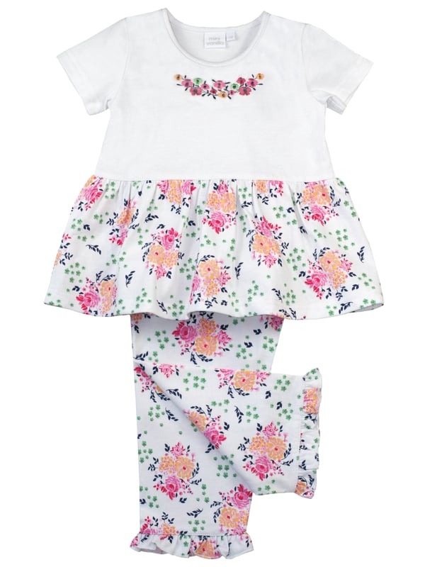We love the pretty floral print that adorns our pure-cotton pyjamas. This floral lounge pyjamas set, with a neckline embroidery and printed hem short sleeve top is made from super soft 100% cotton jersey and has a matching floral print bottoms with soft elasticated waist and frilled hem. Ideal for lounging or sleeping!