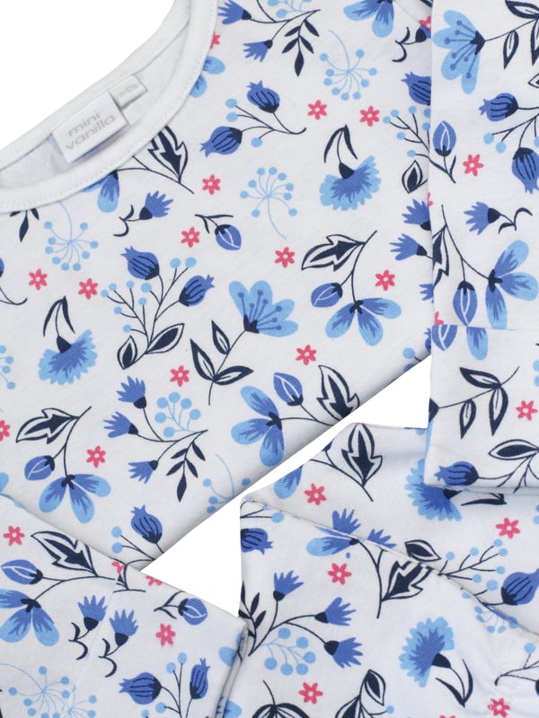 Your littlest dreamers will be ready for bed in no time thanks to these adorable blue floral jersey pyjamas set. Soft, breathable, and crafted from 100% pure cotton, these pyjamas are made with their comfort and delicate skin in mind. Decorated with an allover floral print completed with fold over integrated scratch mitts and an elasticated waist for a snug fit, these jammies are sure to be a favourite at bedtime.
