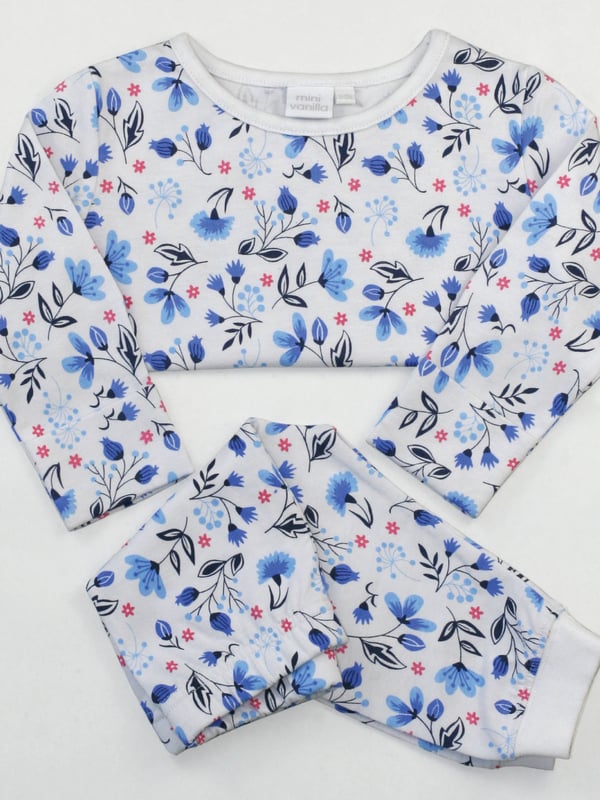 Your littlest dreamers will be ready for bed in no time thanks to these adorable blue floral jersey pyjamas set. Soft, breathable, and crafted from 100% pure cotton, these pyjamas are made with their comfort and delicate skin in mind. Decorated with an allover floral print completed with fold over integrated scratch mitts and an elasticated waist for a snug fit, these jammies are sure to be a favourite at bedtime.