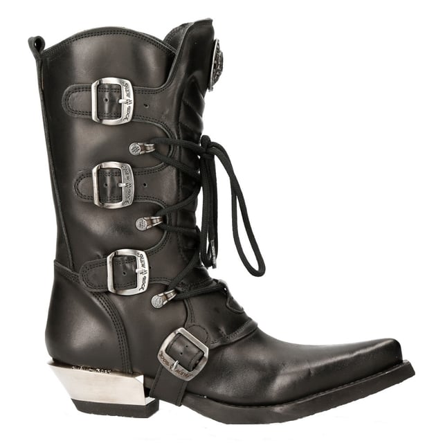 Deze laarzen zijn gemaakt van premium koeienhuid en verschijnen in het klassieke cowboysilhouet voor een stijl die iconisch en modieus is. Dit exemplaar, met een hoge schacht en spitse neus, behoudt de kenmerken die de cowboylaars beroemd hebben gemaakt, maar introduceert ook creatieve wendingen die dit kledingstuk naar een hoger niveau tillen. Deze schoenen zijn voorzien van een opvallend metalen motief met toevoegingen zoals metalen gespen aan de sluiting, een hoge metalen hak en metallic New Rock-logo, waardoor ze een moderne, modieuze look krijgen. Voor extra comfort heeft New Rock een zachte lederen voering aan de binnenkant geïntroduceerd en voor een onderscheidende look heeft de metalen hak verhoogd, wat resulteert in een gedurfd uiterlijk dat dit stuk afrondt. • Hakhoogte - 4 cm • Platformhoogte - 1 cm • Schachthoogte - 25 cm • Buitenmateriaal - Koeienleer