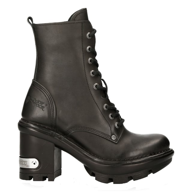 New Rock has paired the classic ankle boot with a high heel that results in a unique and trendy take on the military and biker style shoe. The upper on this shoe is crafted from genuine cow hide and features an 8-eyelet lace fastening and intricately stitched leather panelling to create a smooth and slick finish. The heel measures at 9cm and imbues a bold character onto this boot and features a metallic New Rock logo which has been implemented to stand out against the black design of the shoe. • Heel Height - 9cm• Platform Height - 3cm• Shaft Height - 15cm• Calf Width- 25cm• Outer Material - Cow Hide Leather