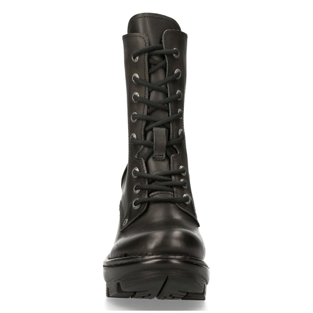 New Rock has paired the classic ankle boot with a high heel that results in a unique and trendy take on the military and biker style shoe. The upper on this shoe is crafted from genuine cow hide and features an 8-eyelet lace fastening and intricately stitched leather panelling to create a smooth and slick finish. The heel measures at 9cm and imbues a bold character onto this boot and features a metallic New Rock logo which has been implemented to stand out against the black design of the shoe. • Heel Height - 9cm• Platform Height - 3cm• Shaft Height - 15cm• Calf Width- 25cm• Outer Material - Cow Hide Leather