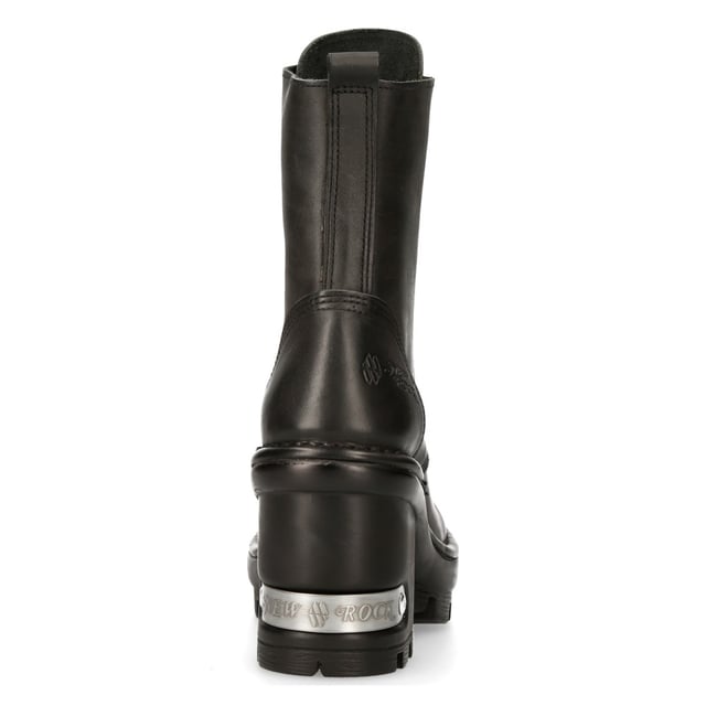 New Rock has paired the classic ankle boot with a high heel that results in a unique and trendy take on the military and biker style shoe. The upper on this shoe is crafted from genuine cow hide and features an 8-eyelet lace fastening and intricately stitched leather panelling to create a smooth and slick finish. The heel measures at 9cm and imbues a bold character onto this boot and features a metallic New Rock logo which has been implemented to stand out against the black design of the shoe. • Heel Height - 9cm• Platform Height - 3cm• Shaft Height - 15cm• Calf Width- 25cm• Outer Material - Cow Hide Leather