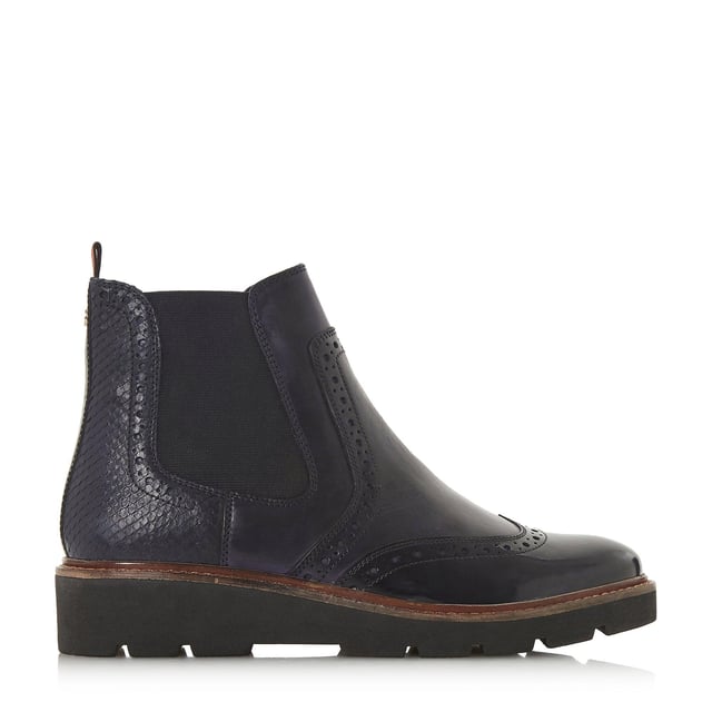 Dune Ladies PALOMO Punched Chelsea Ankle Boots Make a statement with the Palomo Chelsea boot from Dune London. Designed with classic stretch panels and timeless brogue detailing. Showcasing a chic patent finish, it's complete with a rear pull tab.