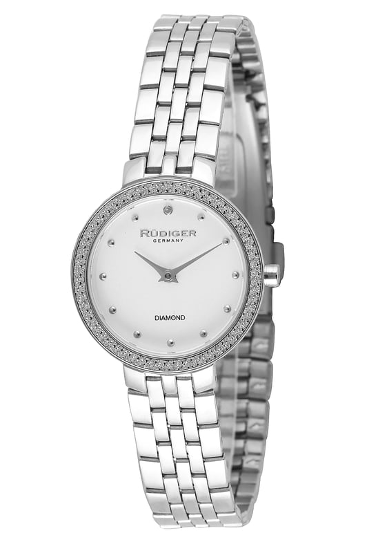 Precise quartz movement. Polished stainless steel case, diameter 26 mm, thickness 6.75 mm. Silver dial with one diamond at 12 o'clock. Snap down caseback, push/ pull crown. Stationary stainless steel bezel. Mineral crystal. Polished stainless steel link bracelet, width 11.6 mm, fold over clasp with double push button safety. Water resistant to 165 feet.
