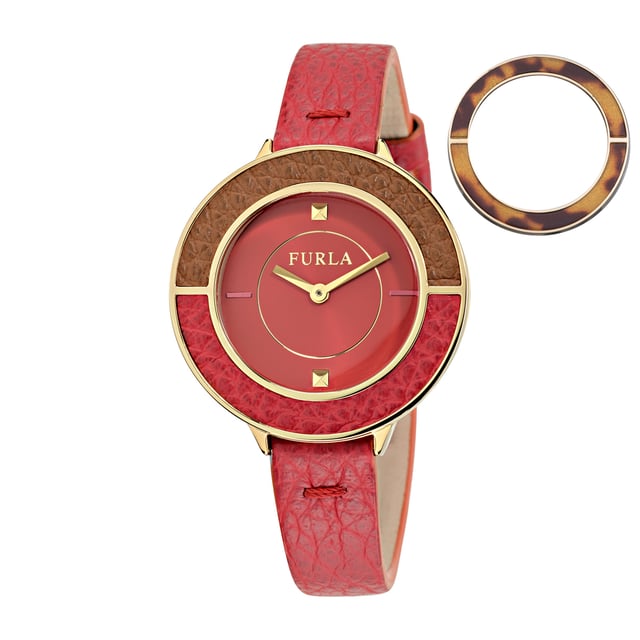 Furla leather watch from the Club Collection. 34mm stainless steel case and hardware. Red leather strap with buckle closure. Red dial and colorblock embossed bezel. Stud and baton time markers. Two-hand quartz movement. Water resistant to 5 ATM. Mineral crystal window.