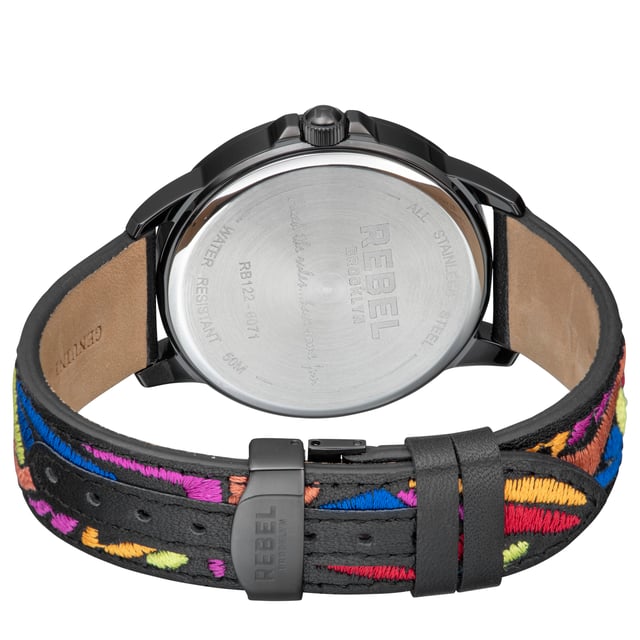 Rebel Women's RB122-6071 DumboRebel Dumbo Graffiti w/ black Dial Women's Watch RB122-6071
Rebel Women's Watch from the Dumbo Collection
Round 316L Stainless Steel Black Case
Graffiti w/ black Dial, Mineral Crystal w/ Sapphire Coating
Black Embroidered Leather Band with Tang Buckle
Water Resistance: 5 ATM (50 meters, 165 feet)
9mm Case Thickness, 42mm Case Diameter, 20mm Band Width
Quartz Movement