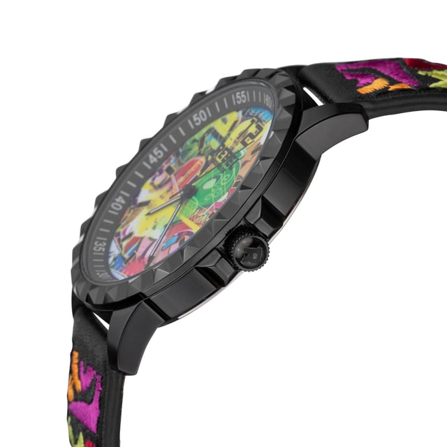 Rebel Women's RB122-6071 DumboRebel Dumbo Graffiti w/ black Dial Women's Watch RB122-6071
Rebel Women's Watch from the Dumbo Collection
Round 316L Stainless Steel Black Case
Graffiti w/ black Dial, Mineral Crystal w/ Sapphire Coating
Black Embroidered Leather Band with Tang Buckle
Water Resistance: 5 ATM (50 meters, 165 feet)
9mm Case Thickness, 42mm Case Diameter, 20mm Band Width
Quartz Movement