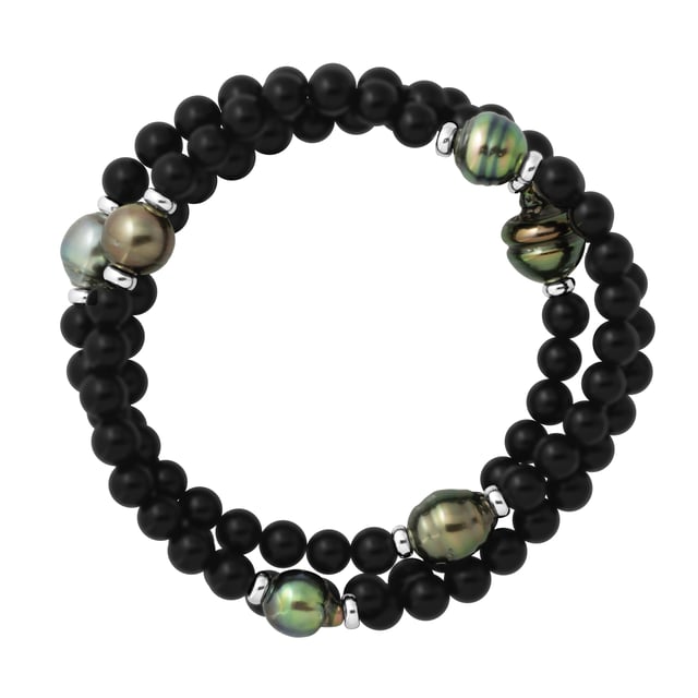 Bracelet Triple Row - MAT BLACK AGATE - 6 True Tahitian Cultured Pearl Circled shaped 8-9 mm- Sterling Silver 925 Thousandths Ferrules | HR® elasticated - High Resistance | Manufactured in our French Workshop | Delivered with our prestige box and a certificate of warranty & authenticity 