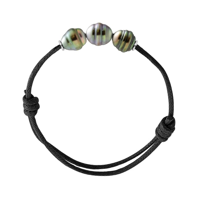 Bracelet Link - LUXE EDITION - BLACK Color - sliding knots - 3 True Tahitian Cultured Pearl Circled shaped 9-10 mm - Sleeves Sterling Silver 925 | HR® elasticated - High Resistance | Manufactured in our French Workshop | Delivered with our prestige box and a certificate of warranty & authenticity