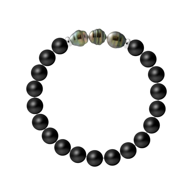 Bracelet - 3 True Tahitian Cultured Pearl Circled shaped 8-9 mm - MAT BLACK AGATE - Sterling Silver 925 Thousandths Ferrules | HR® elasticated - High Resistance | Manufactured in our French Workshop | Delivered with our prestige box and a certificate of warranty & authenticity