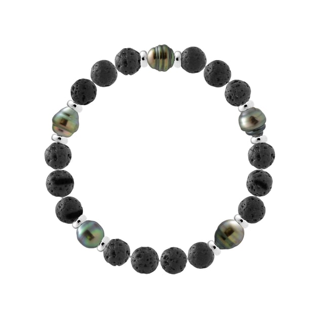 Bracelet - 5 True Tahitian Cultured Pearl Circled shaped 8-9 mm - Natural Lava stone - Sterling Silver 925 Thousandths Ferrules | HR® elasticated - High Resistance | Manufactured in our French Workshop | Delivered with our prestige box and a certificate of warranty & authenticity