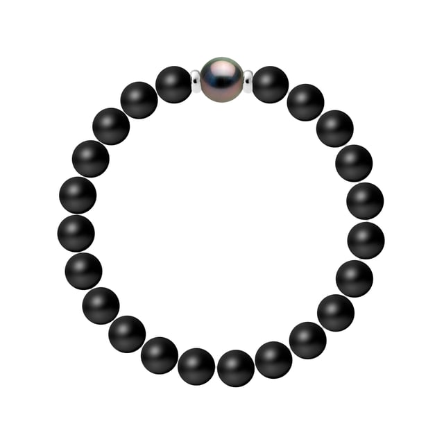 Bracelet - True Tahitian Cultured Pearl Round shaped 9-10 mm - MAT BLACK AGATE - Sterling Silver 925 Thousandths Ferrules | HR® elasticated - High Resistance | Manufactured in our French Workshop | Delivered with our prestige box and a certificate of warranty & authenticity