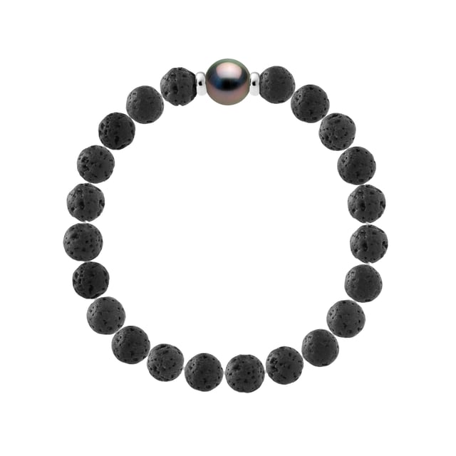 Bracelet - True Tahitian Cultured Pearl Round shaped 9-10 mm - Natural Lava stone - Sterling Silver 925 Thousandths Ferrules | HR® elasticated - High Resistance | Manufactured in our French Workshop | Delivered with our prestige box and a certificate of warranty & authenticity