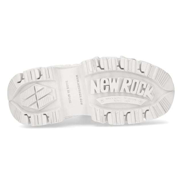 Deze stijl leren enkellaarzen is synoniem geworden met de naam New Rock en is gemaakt van premium wit rundleer dat alle kwaliteit en stijl uitstraalt waar New Rock internationaal om wordt geprezen. Deze schoenen zijn voorzien van een opvallend metalen motief met toevoegingen zoals versieringen met het New Rock-merk aan de veters, metalen details in de zool en metalen merkgravures op de hiel, die allemaal bijdragen aan een stijlvol gotisch thema. Voor een gedurfd en eigentijds tintje is de hak verhoogd tot een hoogte van 5 cm, wat deze laarzen een opvallende autoriteit geeft en je een opvallende verschijning zal geven. Zoals altijd houdt New Rock vast aan zijn reputatie van perfectie en blinkt uit in het leveren van kwaliteit, stijl en comfort voor dit paar laarzen. • Hakhoogte - 5 cm • Witte veters met metalen versieringen • Zoolmateriaal - PU • Buitenmateriaal – Premium koeienhuid