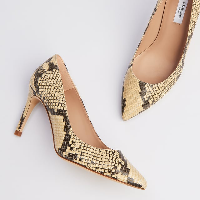 Our Floret courts are sleek and stylish. Crafted in Spain from snake print yellow leather, this L.K.Bennett signature style has a pointed toe, single sole and a slender, 85mm stiletto heel. Perfect day or night, wear Floret with shift dresses or tailored trousers in the office and with something softer and lighter for the evenings and summer occasions.