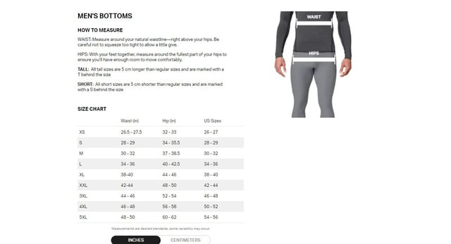 Under armour top clothing size chart