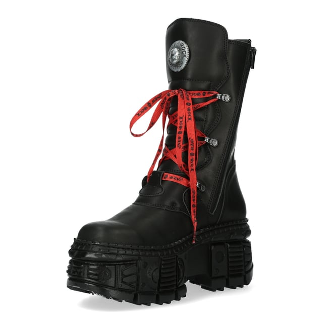 The Iconic Boot WALL028B-C1 is from the ever so popular Wall collection, Constructed from the finest hide leather combined with a durable rubber sole. These boots feature Lace-up fastening, cushioned insole, leather lining and embodies the quality, style and comfort that you have come to expect from New Rock Boots. These stylish unisex boots have a 10 cm gum rubber heel to give you a towering presence that is sure to turn heads. The fit is superb, sleek and sexy as pictured. Why not buy some thing unique, versatile, stylish and different.  Heel Height - 10cm Platform Height - 8cm Shaft Height - 22cm Calf Width - 36cm