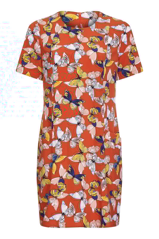 Add something bright to your transitional wardrobe with this Butterfly Tunic Dress With Pocket Detail. Adorned with earthy shades of rust and orange, it's been crafted in a relaxed and easy to throw-on shape with a zip on the back. The short sleeves make it versatile, whilst the practical pockets on the front are ideal for storing your essentials. We're wearing ours with a warm coat and chunky trainers.95% Polyester 5% Elastane. Machine Wash At 30. Length is 90cm/35inches &nbsp;