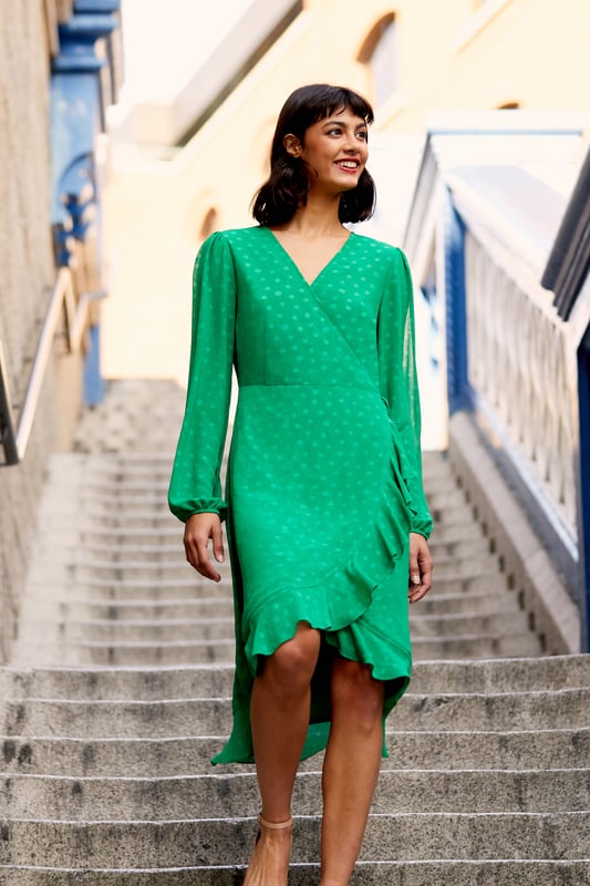 Green frill wrap dress sale