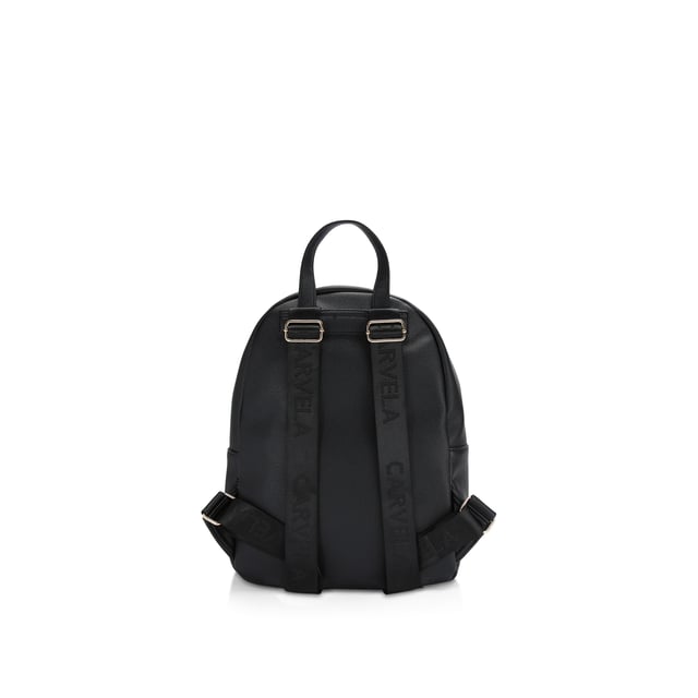 This Carvela Frame Backpack features a textured black exterior. There is a front zipped pocket with embossed branding. Dimensions: 36cm (H), 28cm (L), 12cm (D). Strap length: 102cm.