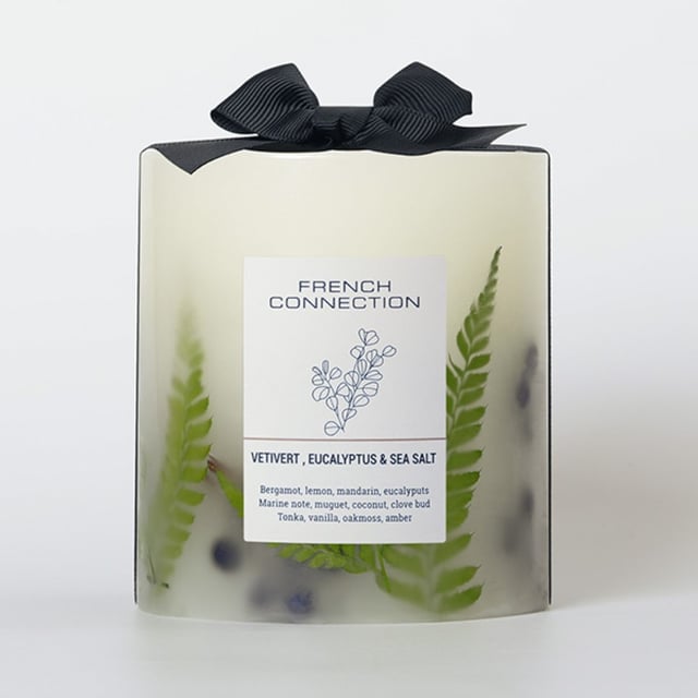 This Beautiful French Connection Candle is the perfect home décor piece to make a statement in your home. Let this botanical infused pillar candle be the talking point of your coffee table with a beautiful Vetivert, Eucalyptus & Sea Salt scent.