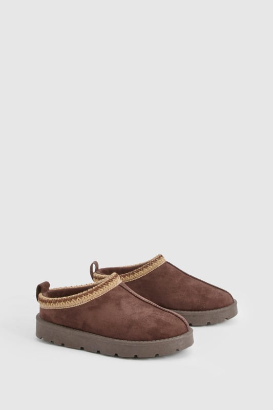 Borg Embroidered Detail Cosy Mules | boohoo A