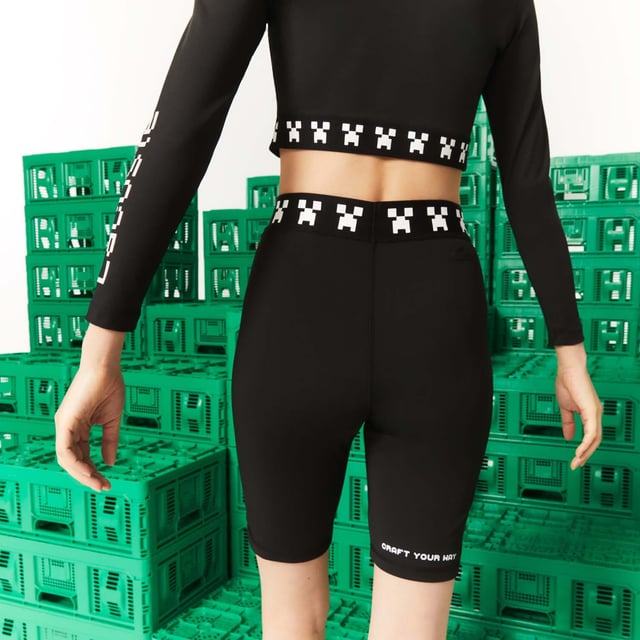 Women's Lacoste L!VE x Minecraft Bike Shorts Recycled polyester Elasticised waistband with Minecraft character print Matte and shiny prints and embroideries Tone-on-tone silicone crocodile on back