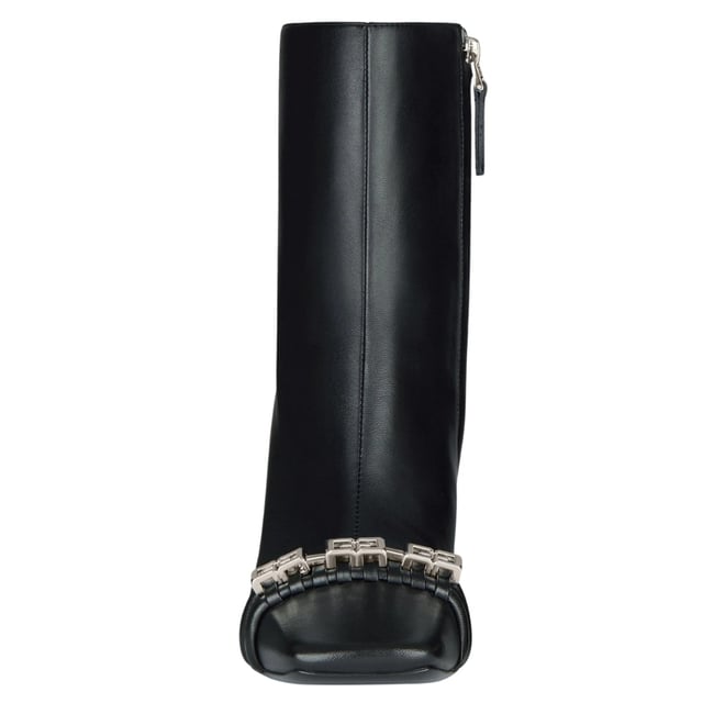 Botin negro, diseo tejido G en la parte delantera de los zapatos, cierre de cremallera, bota con tacon, tacon estilo bota negra, 100% cuero
