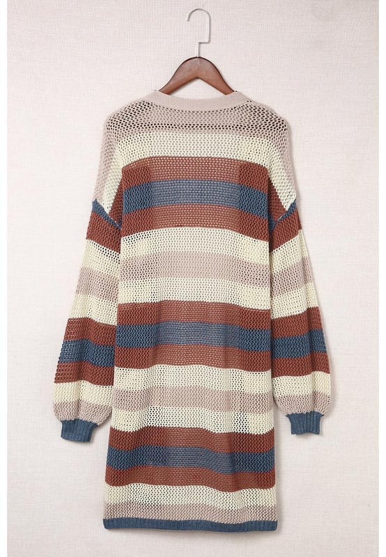 Striped color block design
  Hollowed knit pattern
  Made for women
  Relaxed fit
  Versatile and stylish
  Comfortable fabric
  Perfect for layering
  Elevates any outfit
Material: 55% Acrylic 45% Cotton