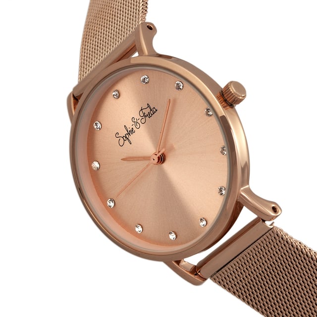 Polished Alloy Case ; Precision Japanese Quartz Movement ; Non-Glare Scratch-Resistant Mineral Crystal ; 12 Swarovski Crystal Markers on Dial; Logo-Engraved Stainless Steel Caseback ; Mesh Alloy Bracelet; Box with Tongue and Safety Clasp; 32mm Case Diameter ; 3 ATM Water Resistance;