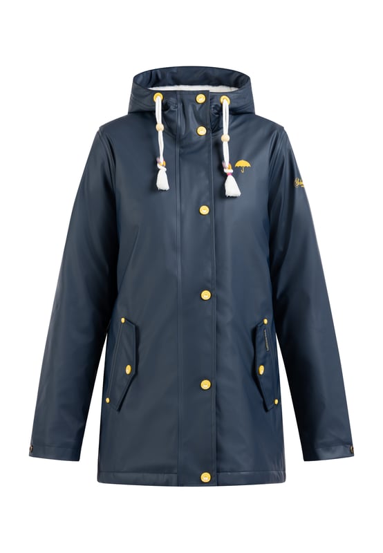 Die mit Webpelz gefütterte Regenjacke von Schmuddelwedda ist die perfekte Antwort auf Kälte und Nässe. Ihr Obermaterial ist beschichtet und alle Nähte sind komplett versiegelt, was dem trendigen Friesennerz eine Funktionalität beschert, die sich bei Wind und Wetter bewährt hat. Für wohlige Wärme sorgt ein Innenfutter aus weichem Webpelz, das sich auch in der Kapuze wiederfindet. Apropos Kapuze: Die schicke Kordel mit bunten Enden und Quasten ist ebenso ein Eyecatcher wie die aufwendig geprägten Accessoires. Der für Schmuddelwedda typische Regenschirm-Print ziert die Brust, der Markenname den Oberarm.  Regenjacke mit Webpelzfutter