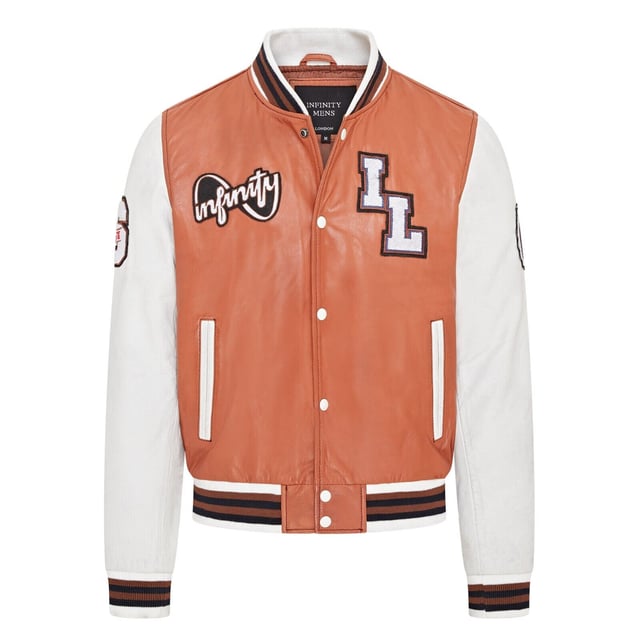 Introducing the Men's Baseball Leather Jacket, a perfect blend of classic varsity style and modern craftsmanship. This letterman bomber jacket features contrasting sleeves and a striped knit ribbed collar, waistband, and cuffs for a timeless athletic look. The press studs front closure and embroidered brand logo patches on the chest and sleeves add a touch of authenticity and flair. Designed with practicality in mind, it includes two jet pockets at the waist and two inside welt pockets for your essentials. The panelling to the back of the jacket ensures a tailored fit and superior comfort.

Contrasting sleeves for a stylish look
Striped knit ribbed collar, waistband, and cuffs for a classic finish
Press studs front closure for easy wear
Embroidered brand logo patches on the chest and sleeves for added detail
Two jet pockets at the waist and two inside welt pockets for convenience