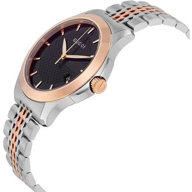 Manufacturer part number: YA1264106Brand: GucciEAN: 7319034560217Movement: QuartzBracelet color: Silver-toneWaterproofing: 50M (5ATM)Dial color: BlackBracelet material: Stainless steelDial diameter: 38mmDisplay: AnalogCase material: Stainless steelGender: Men'sStyle: LuxuryAge Group: AdultBracelet type: Two-piece strapShape: RoundCase color: Silver