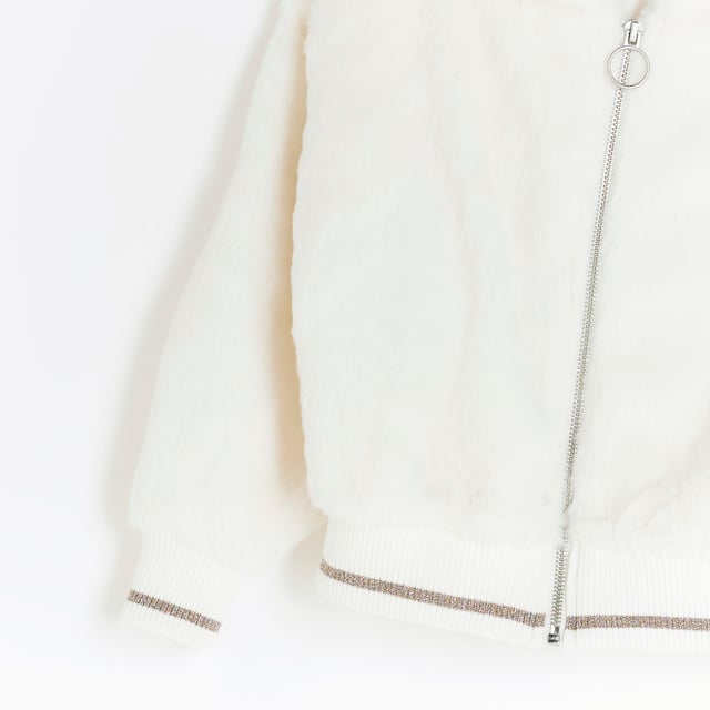 River Island Girls Hoodie Cream Zip Through Faux Fur