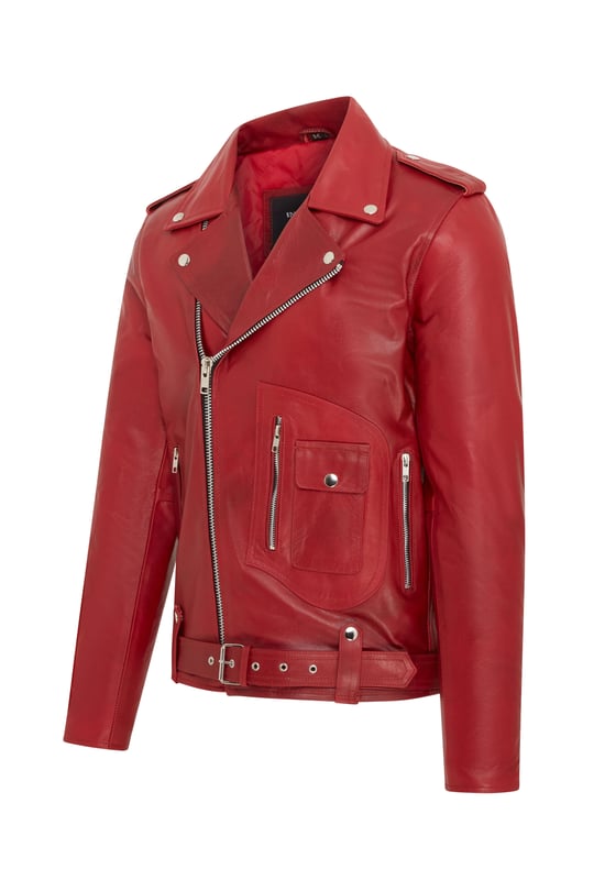 This iconic Brando-style leather jacket combines timeless design with modern functionality. Crafted from premium cowhide, it features an asymmetric YKK zip front and wide studded lapels for a classic biker look. Designed for both style and comfort, the jacket offers multiple adjustable features and practical storage options, making it a versatile addition to any wardrobe.

Premium cowhide leather in a classic Brando design
Asymmetric YKK zip closure for a stylish edge
Adjustable waist belt for a tailored fit
Zipped gauntlet cuffs for a customizable feel
Wide notch lapels with stud detailing
Multiple exterior zip and stud-fastened pockets
Integrated lining pockets for added convenience
Available in a variety of colors to suit all tastes