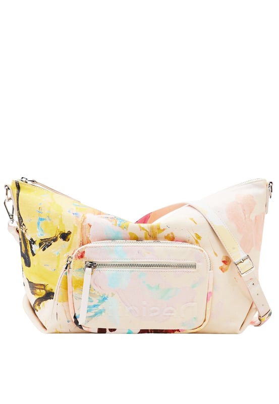 Gran bolsa de lona para mujer de DESIGUAL con un motivo del artista Pink Morro, con un colgante desmontable con cuerdas de estilo trekking, varios asas y correas, y bolsillos.