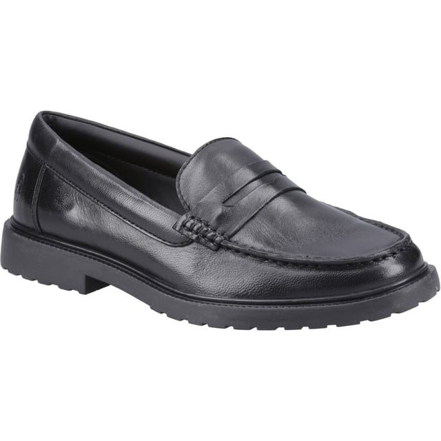 Hush Puppies Verity Slip On Leren Vrouwen Zwarte Loafers Gemakkelijke Slip On stijl Terug naar School schoen. Met een hakhoogte van ongeveer 20 mm en flexibele TPR-zool.