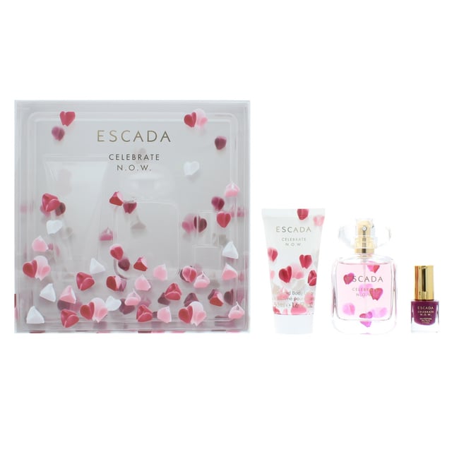Escada celebrate now perfume by Escada from its invigorating top notes to its luxurious spice laden base Escada celebrate now ignites and delights the senses. This 2017 Escada fragrance for women is an orient inspired blend of exotic scents that exude power mystery and grace from day to night. The zesty bright aroma of ginger demands attention in the top notes. In the middle are notes of graceful magnolia touched with the sunny lightness of fresh lemon. At its base this fragrance blends the quiet and seductive power of creamy vanilla and tonka bean with a dash of cinnamon. This gift set features the fragrance in an Eau de Parfum, a body lotion and a lightly scented nail polish.