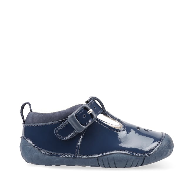 Designed to protect babies' delicate feet, these comfortable T-bar shoes comes in a soft navy patent. Specifically designed for pre-walkers, there are padded ankles and cushioned insoles to provide ultimate comfort for babies feet. Heel and toe bumpers protect delicate feet and our most flexible, lightweight soles allows for uninhibited movement. The easy buckle fastening means fuss-free adjustability and ensures shoes stay put on the move.