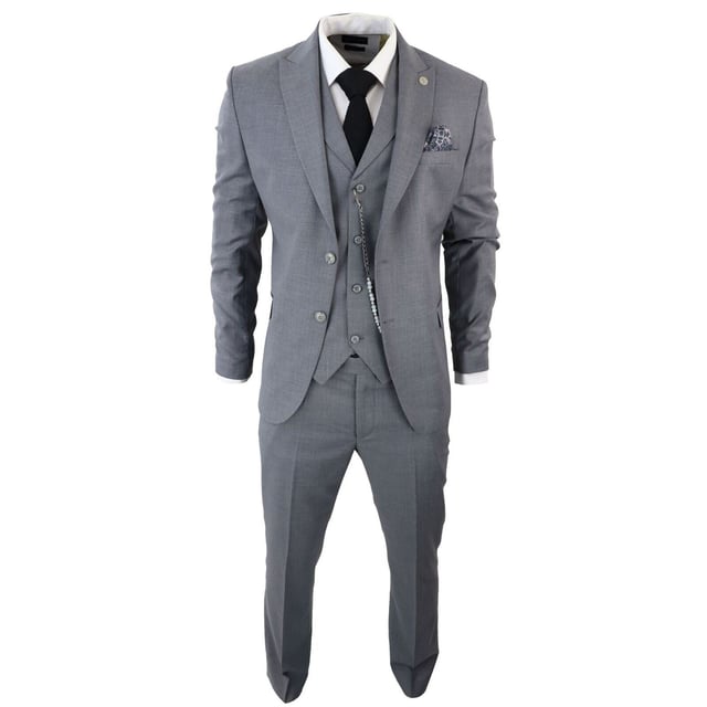 Step into sophistication with our Classic and Elegant Design men's 3-piece suit, featuring a timeless Grey color with contrasting pocket trims and a sophisticated textured pattern fabric, perfect for formal occasions. Product Design Bullet Points:  
Versatile Formal Attire: Suitable for weddings, business events, or special occasions, ensuring a sharp and well-dressed look. 
Complete 3-Piece Set: Includes a jacket, vest, trousers, and pocket chain for a polished and coordinated outfit. 
Premium Material: Crafted from high-quality materials for comfort and durability, ensuring long-lasting style. 
Sophisticated Textured Pattern Fabric: Adds a touch of elegance and refinement to your formal ensemble. 
Contrasting Pocket Trims: Enhances the visual appeal of the suit, adding depth and dimension to your look.  Made from a blend of 65% Polyester, 32% Viscose, and 3% Lycra for a comfortable and stylish finishSizes	Jacket & Trouser Size
36R :	36" (Chest) 30" (Waist)
38R :	38" (Chest) 32" (Waist)
40R :	40" (Chest) 34" (Waist)
42R : 	42" (Chest) 36" (Waist)
44R :	44" (Chest) 38" (Waist)
46R : 	46" (Chest) 40" (Waist)
48R :	48" (Chest) 42" (Waist)
50R :	50" (Chest) 44" (Waist)
52R :	52" (Chest) 46" (Waist)
54R :	54" (Chest) 48" (Waist)