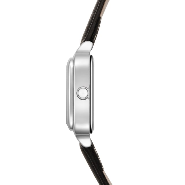 GENERAL INFORMATION:  • Targetgroup: Female  • Wristwatch: No Special Functions  • Display: analogue  • Weight of watch w/o box (gr.) - approx.: 23  MOVEMENT:  • Movement: Quartz  • Term of Movement: 2025  • Origin of movement: Japan  BRACELET:  • Material of bracelet/strap: Genuine leather  • Plating of bracelet/strap: None  • Finishing of bracelet/strap: Smooth  • Finishing/Decoration of bracelet/strap: None  • Clasp/Closure/Buckle: Buckle  • Color of bracelet/strap: Black  • Length of bracelet/strap (mm) approx.: 190,0  • Width of bracelet/strap (mm) approx.: 14,0  • Style/Design of bracelet/strap: No imprint  • Bracelet/strap adjustable?: No  CASE:  • Shape of case: Square  • Size/Diameter of case in mm . approx.: 25,0 x 32,0  • Height of case in mm: 8,1  • Case material: Metal (Alloy)  • Surface of case: Polished  • Bezel/Topring: Fixed  • Finishing/Decoration of case: None  • Material of case back: Stainless steel  • Lock of case back: No screwed-in crown  • Color of case: Silver  • Coating/Plating (Case): None  • Type/Form of crystal: Flat  • Material of crystal: Mineral crystal  DIAL:  • Size jewelry care cloth: Hour, Minute  • Indices: Line indices  • Material of dial: Brass  • Structure/pattern of dial: Flat/sunray  • Color of dial: Black  PUSHER, CROWN, HAND:  • Pusher: None  • Corrector: No  • Crown: No screwed-in crown  • Type of hands: Pole hand  • Luminescent (hands): No  PACKAGING & SCOPE OF DELIVERY:  • Box: Yes  • Service booklet: Yes  • Manual: Yes