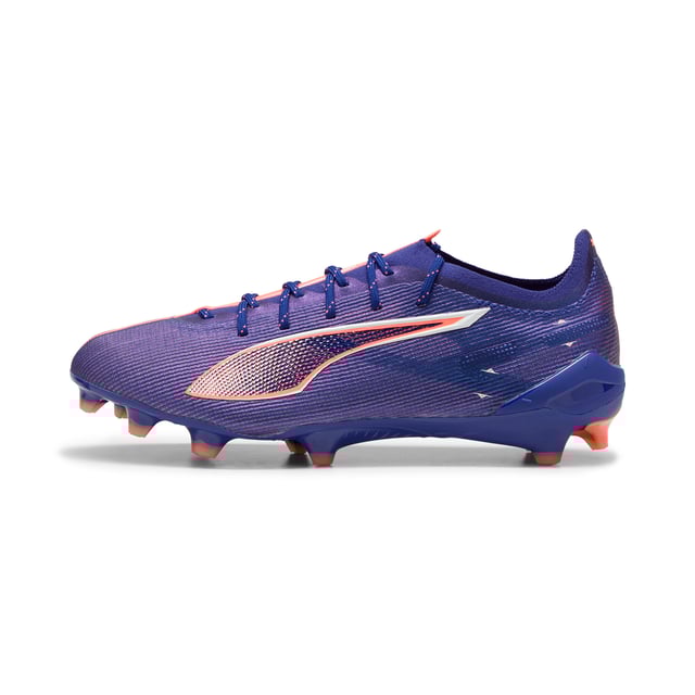 PRODUCT STORY: Fasten your seatb. . .we mean laces. With the ULTRA 5 football boot, you get the speed and sensation of a finely tuned machine at your feet. Built on engineering insights from PUMA Motorsport, the brand-new SPEEDSYSTEM outsole and FastTrax stud design are precision-engineered to take you from kick-off to back-of-the-net faster than you can say: lights out.  FEATURES & BENEFITS: ACCELERATION: The SPEEDSYSTEM outsole design combines a high-performance fibre base material with a revolutionary stud system, maximising energy return for faster acceleration; TRACTION: FastTrax stud design using insights from academic research and traction studies to provide more traction while accelerating, cutting and breaking; STABILITY: PWRTAPE SQD support frame stabilises the foot inside the boot without hindering agility or freedom of movement; The upper of this shoe is made with at least 50% recycled materials. DETAILS: Lightweight mesh upper; Lightweight removable sockliner with NanoGrip technology keeps the foot from slipping inside the boot; OrthoLite® heel cushioning for better lockdown; SPEEDSYSTEM outsole; Regular to narrow fit; Low-cut slip-on construction; FG: Suitable for use on firm ground.