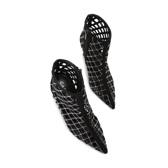 This Carvela Ankle Boot features a black microsuede upper with cut out details and silver crystals across the upper. The toe is pointed with an interior smoked lining and the heel is flared in design. Heel height: 8.5cm.